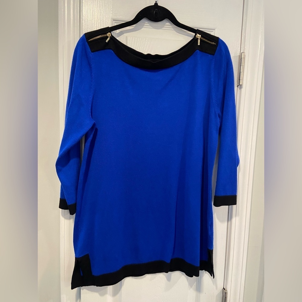 Cable & Gauge Size L Royal Blue Black Gold Zipper Shoulder 3/4 Sleeve Knit Top